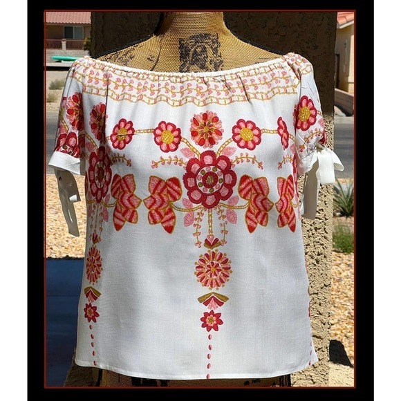 Blush BJ Pretty Airy Blouse Framed By Puffed Tie Sleeves Size Large - Picture 2 of 6